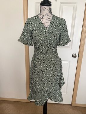 Only Sage Green Wrap Midi Dress with Black and White Spots